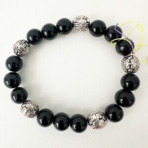 NWT Genuine Black Onyx & Metallic Beaded Bracelet Men's Black Silver